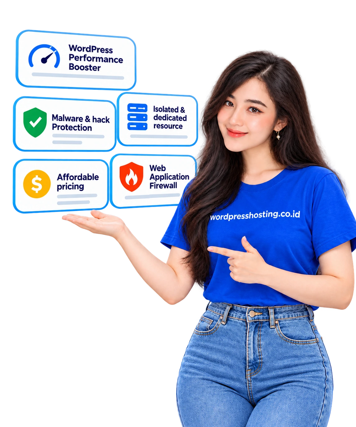 Presenter wordpresshosting.co.id dan lima keunggulan: Performance Booster, proteksi malware dan hacker, harga terjangkau, resource terisolasi, serta Web Application Firewall.